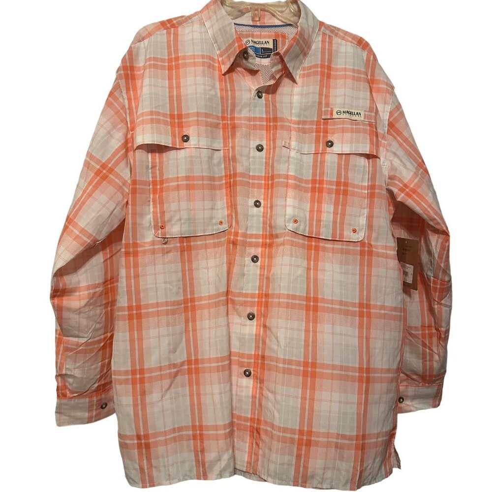 Magellan Sz L Mens Fishing Gear Shirt Orange Coral Long Sleeve NWT Wicking Relax